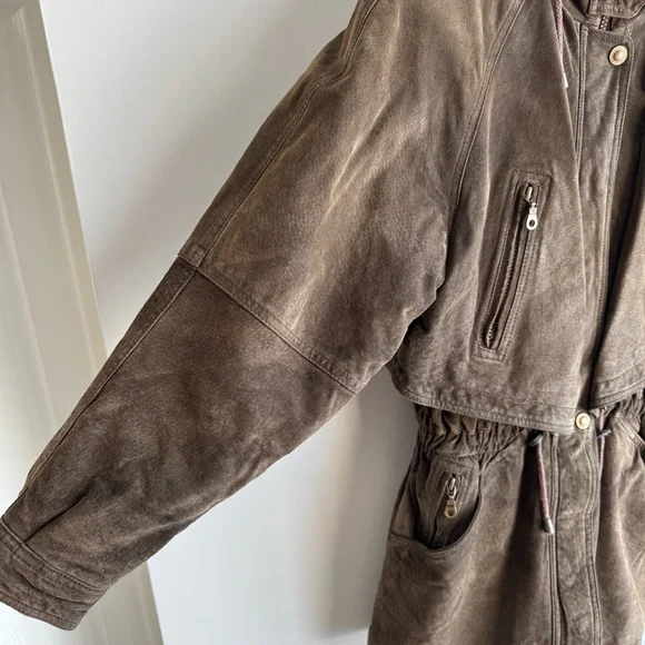 Vintage 80s Brown Suede Utility Coat Womens S Leather Longline Safari Distressed - Picture 9 of 16